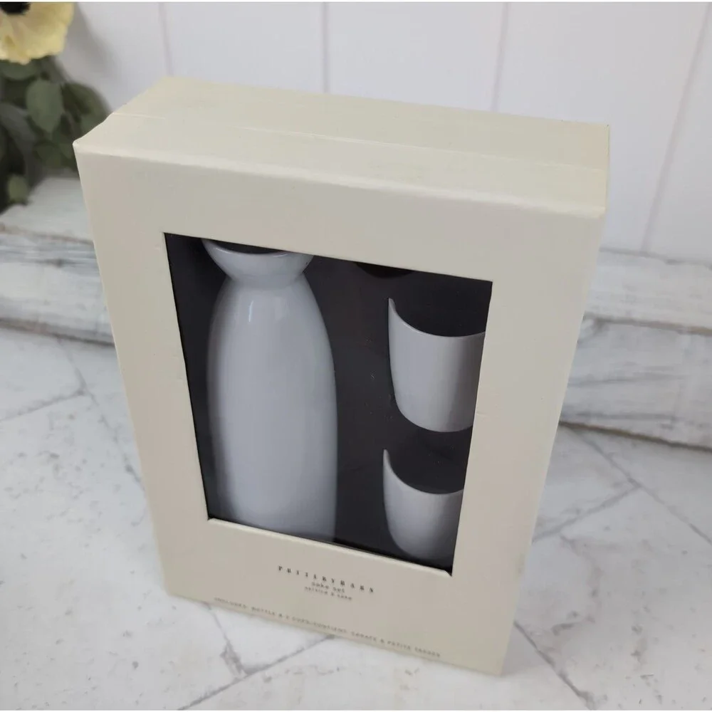 Pottery Barn Sake Set White Ceramic 3 Piece NEW Carafe & Petite Tasses